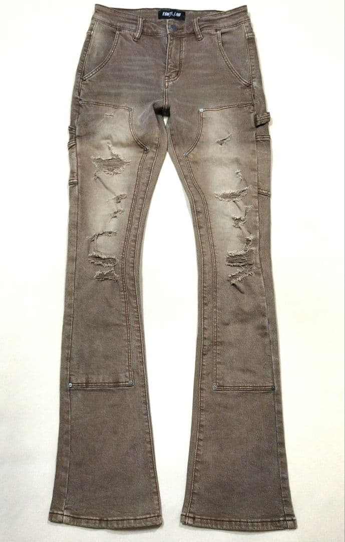 ESNTL LAB　ハードダメージフレアデニムパンツ　ビンテージ加工　茶系　30