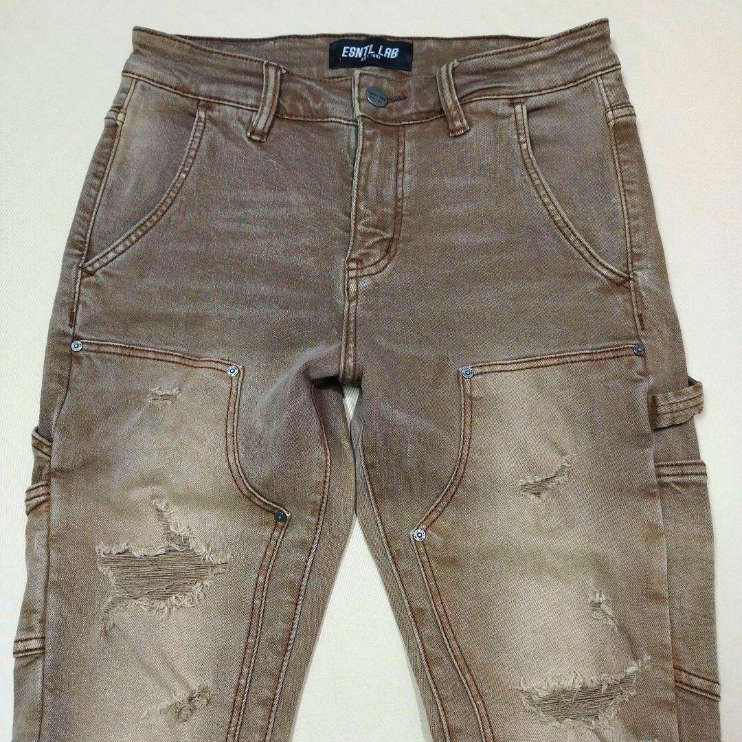 ESNTL LAB　ハードダメージフレアデニムパンツ　ビンテージ加工　茶系　30