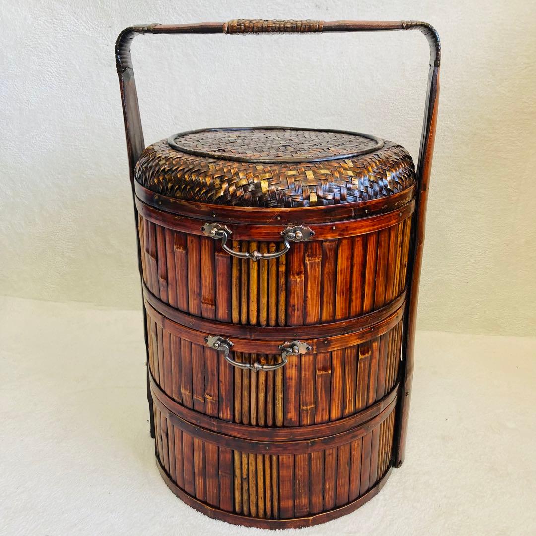 竹編み籠☆特大★茶籠☆煎茶 飾り 堤藍 三段籠 中国 農具　 　自然竹バスケット