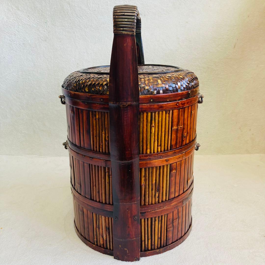 竹編み籠☆特大★茶籠☆煎茶 飾り 堤藍 三段籠 中国 農具　 　自然竹バスケット