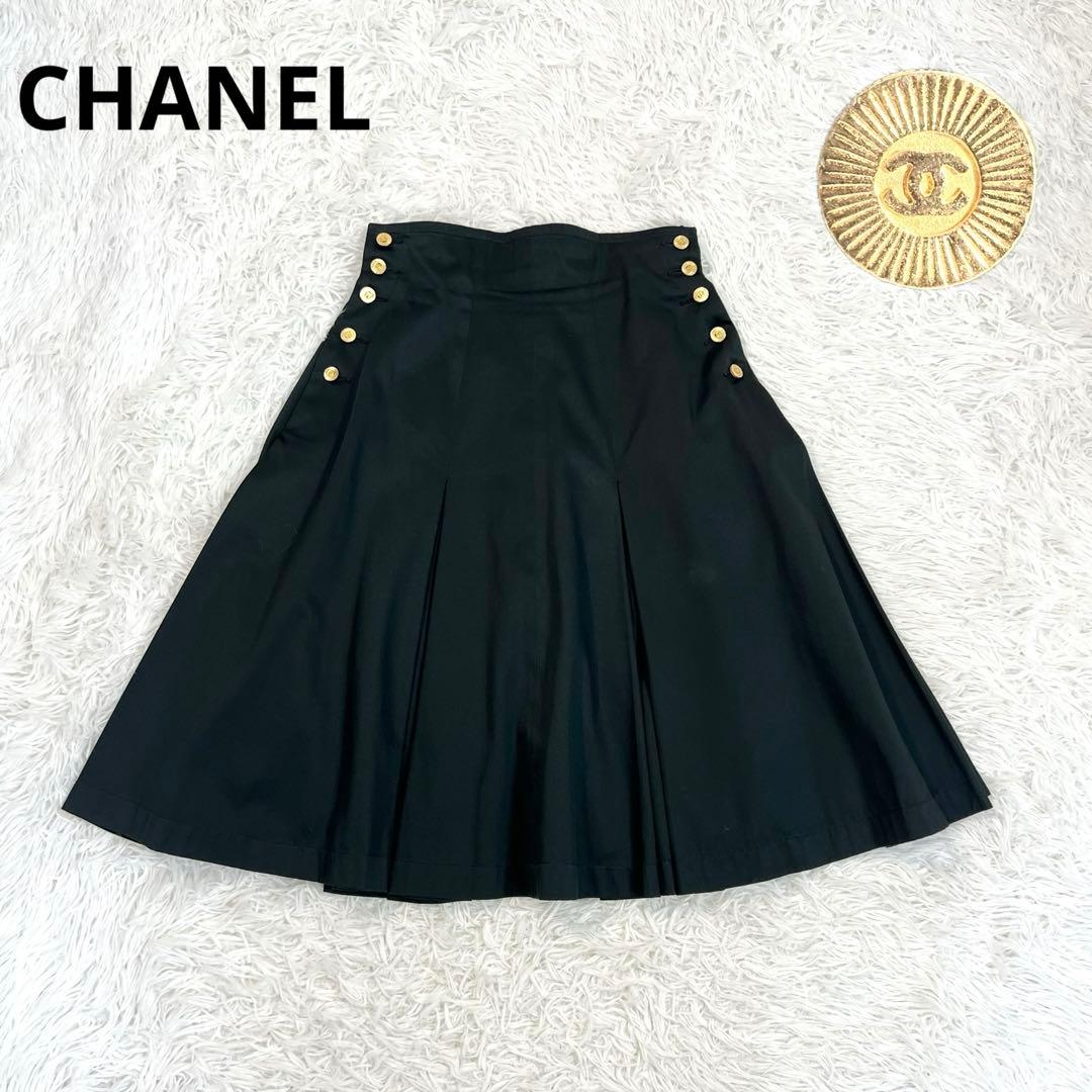 CHANEL サテン　プリーツスカート　金ボタン　ココマーク　ゴールドボタン