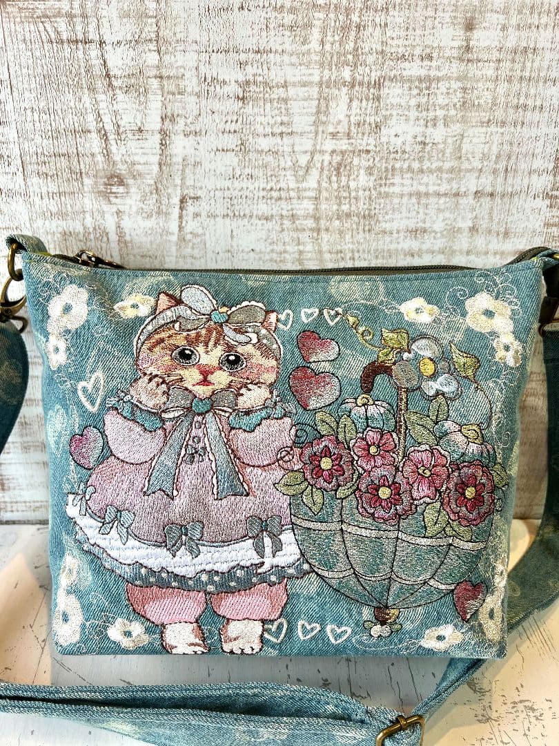 インディゴハート柄デニム♡刺繍のショルダーバッグ♡フリルリボン猫ちゃん