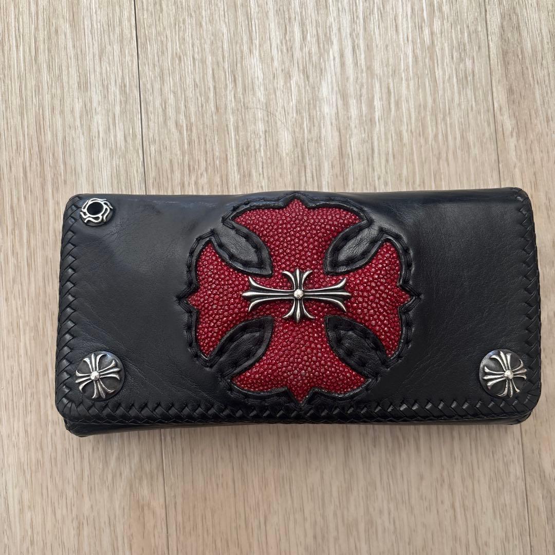 レザー 長財布 黒 赤 クロスモチーフ V系 お兄系 レザー シルバー