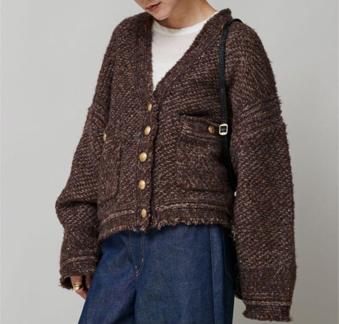 Curensology ツイーディヤーンニットカーディガン　ブラウン