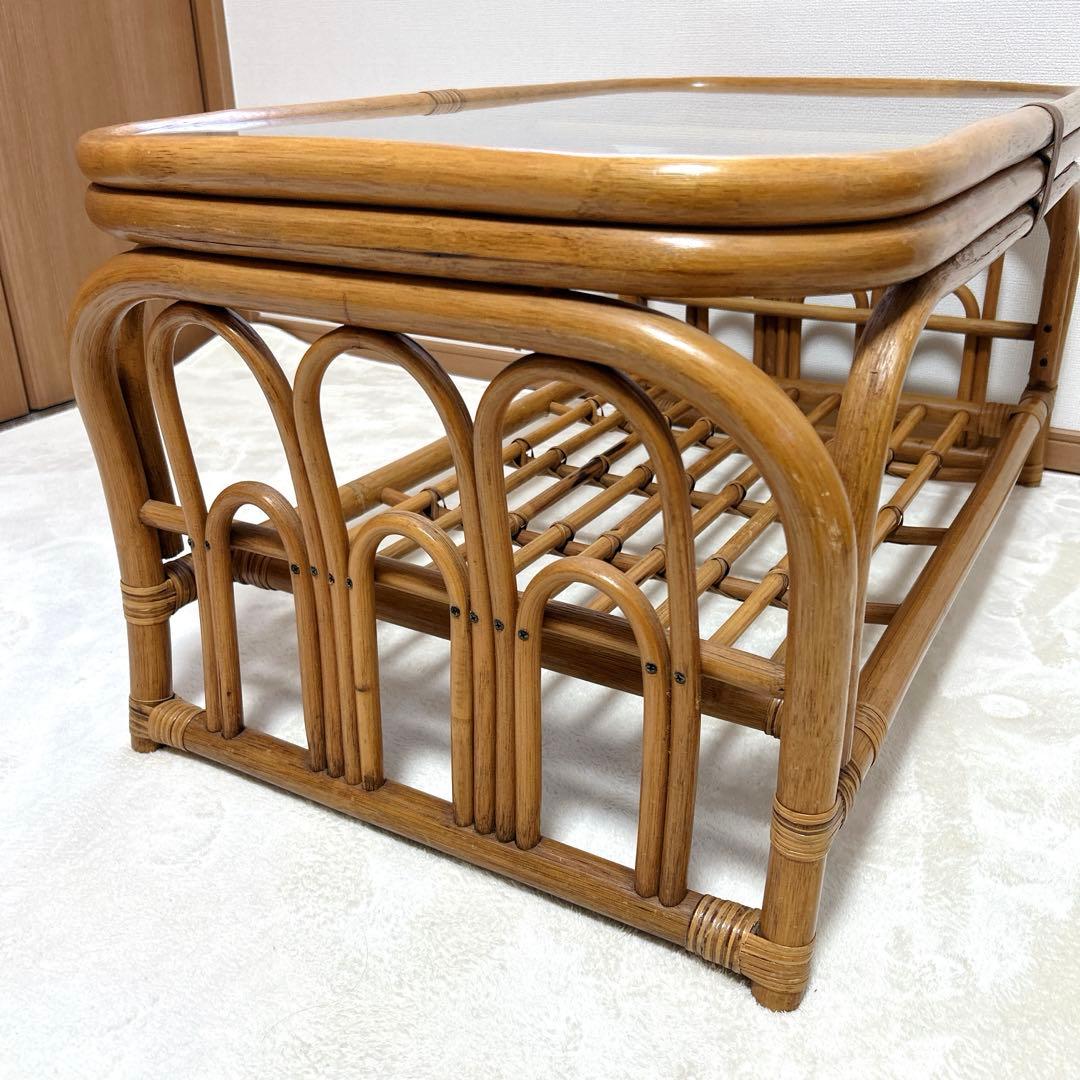 美品 ヴィンテージ ラタンテーブル 籐 コーヒーテーブル センターテーブル 棚付