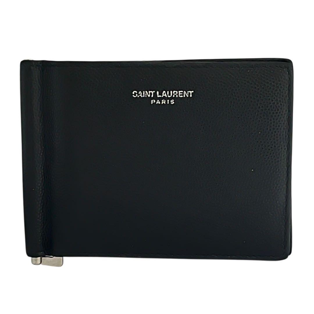 極美✨サンローラン マネークリップ 札入れ キャビアスキン ロゴ刻印 ブラック