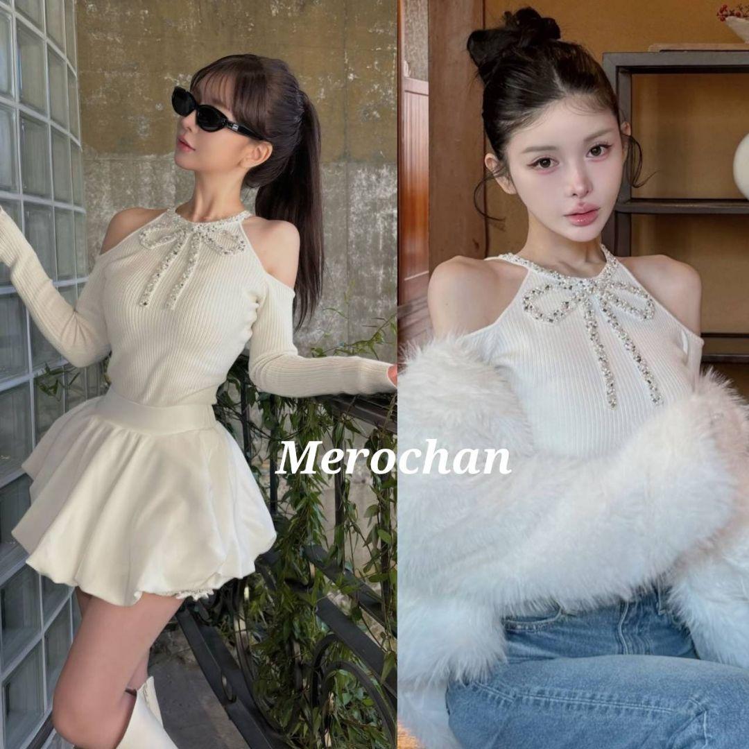 ダーリッチ リボンビジューアメスリニットトップス アイボリー