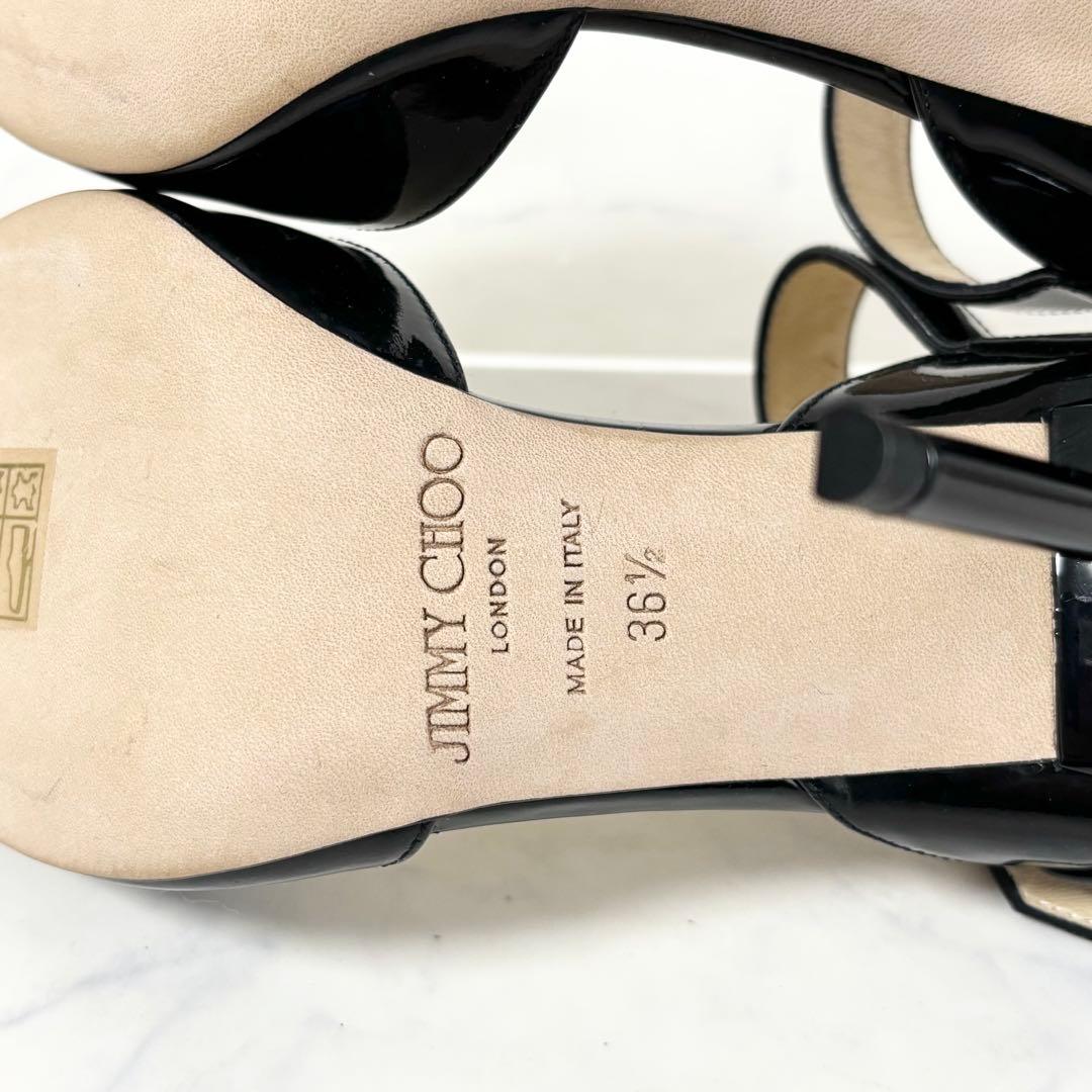 極美品 ジミーチュウ 36.5 オープントゥ ストラップ パンプス エナメル 黒