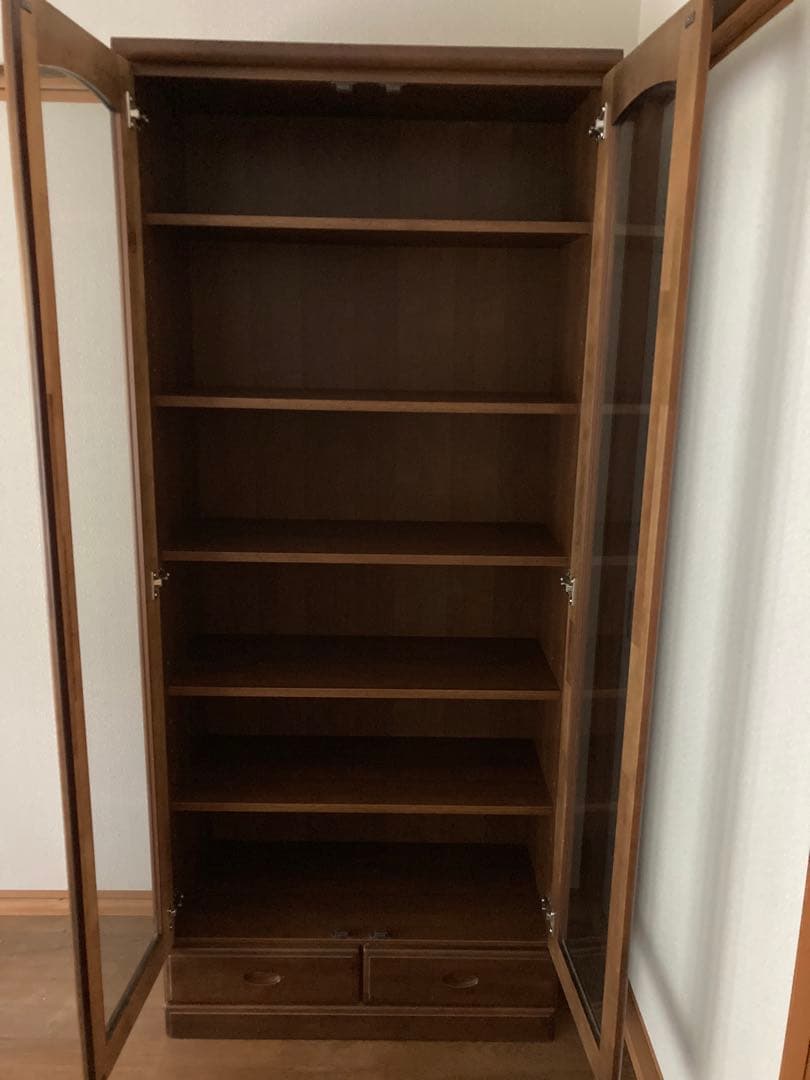 レトロ　ブラウン ガラス扉　本棚 、飾り棚　5段