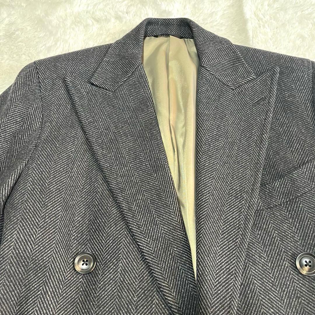 美品　麻布テーラー　カシミヤ混　ダブルチェスターコート　ヘリンボーン柄