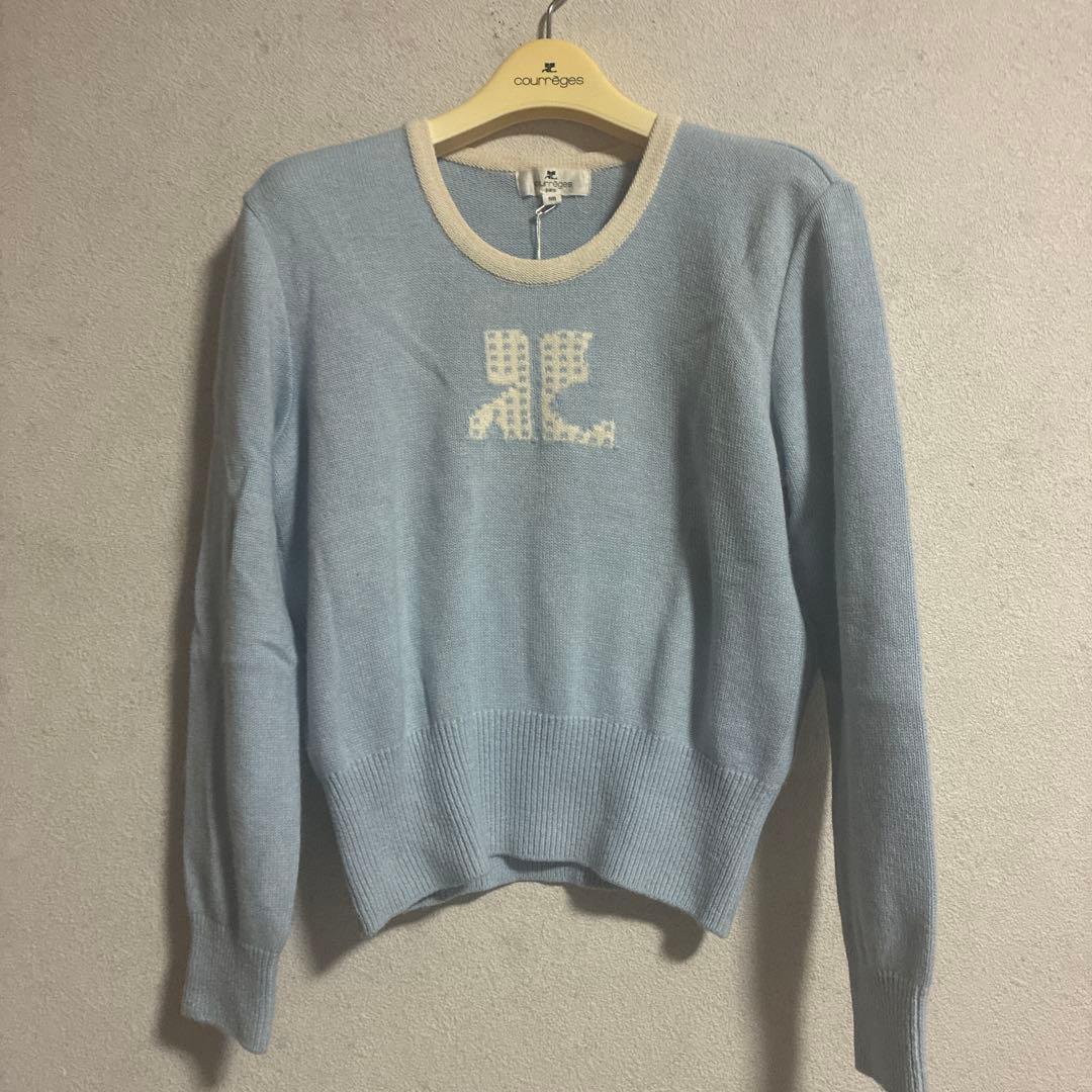 courrèges 水色 ロゴ刺繍 長袖ニットセーター 9A