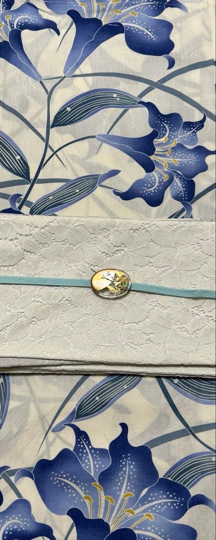 浴衣 ゆかた帯のセット販売白地にブルー 百合 ゆり 花柄 Lサイズ