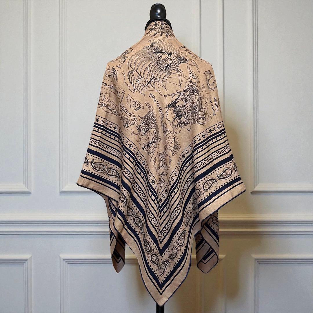 大判 ウール シルク ストール 羽織り ネイビー 紺 ブラウン キャメル 130