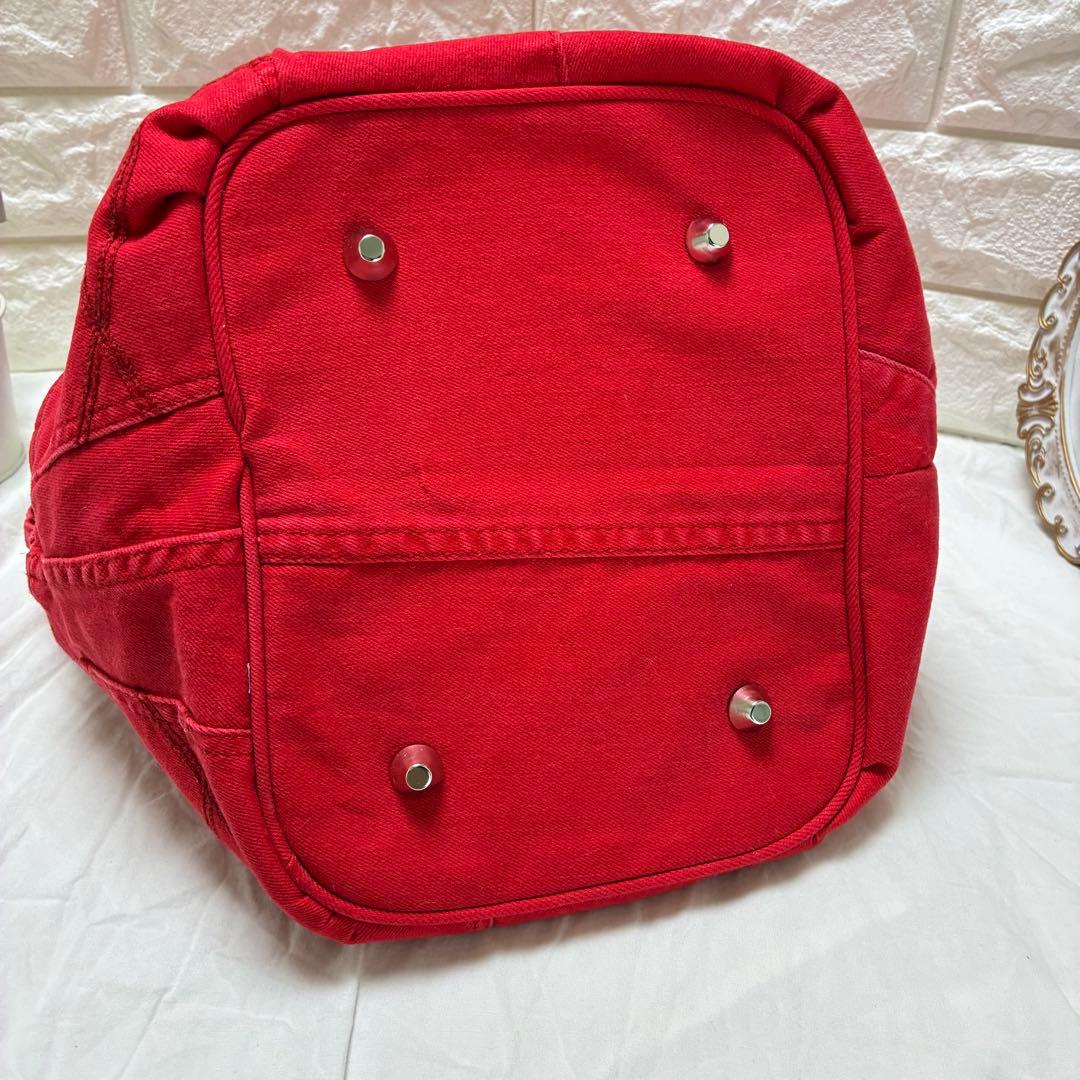 デニムリメイク　ハートのキーロック付きキューブバック　朱赤　カラーデニム