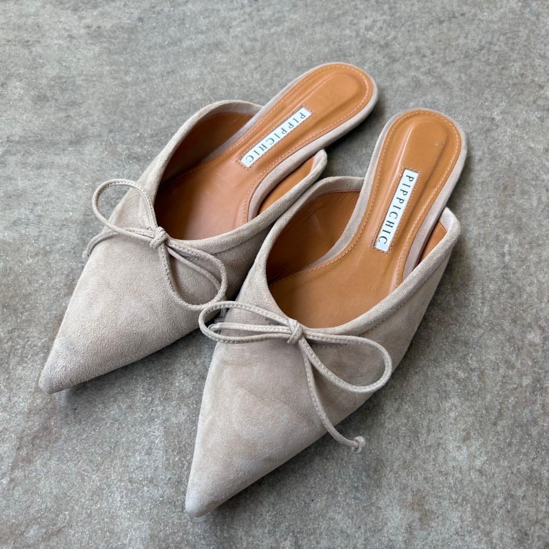 PIPPICHIC ベージュ リボン付きミュール　37