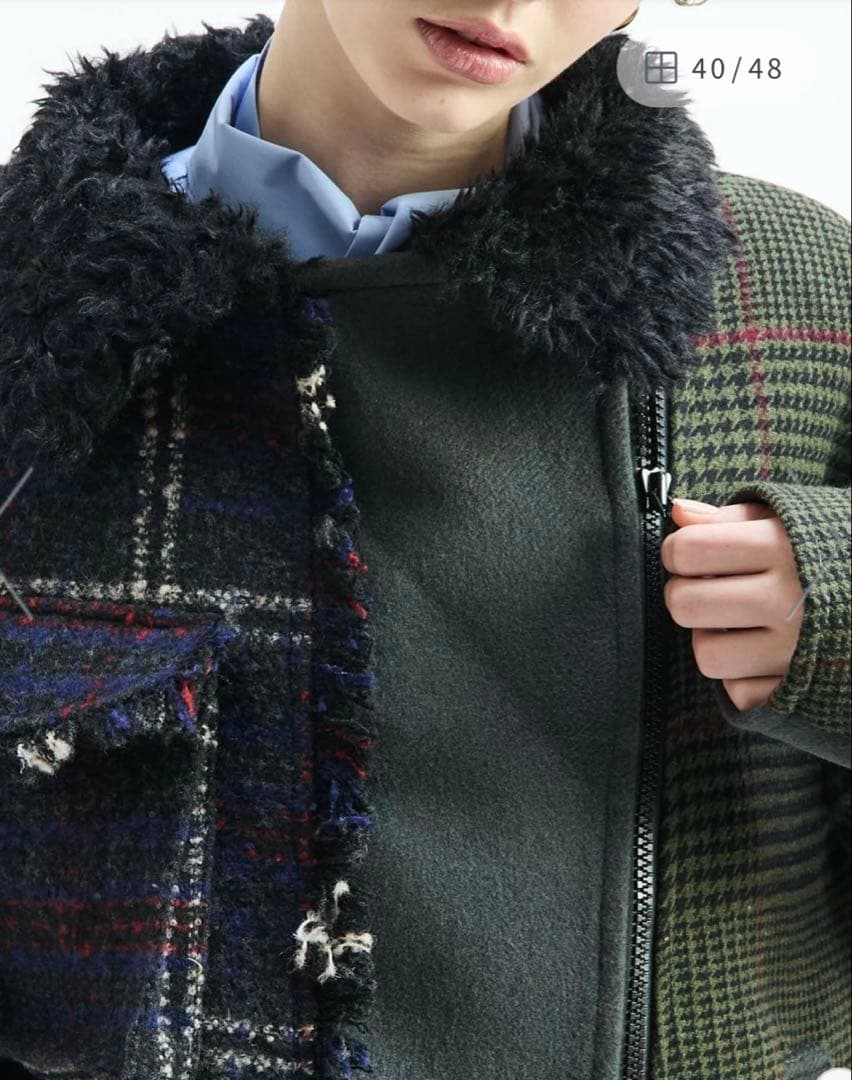 新品AULAAILA パッチワークボアチェックフリンジライダース