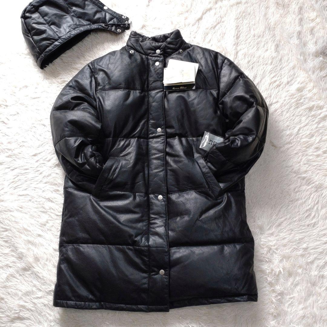 【定価25万】リアルレザー ロングダウンコート 黒 L フード取り外し可 防寒