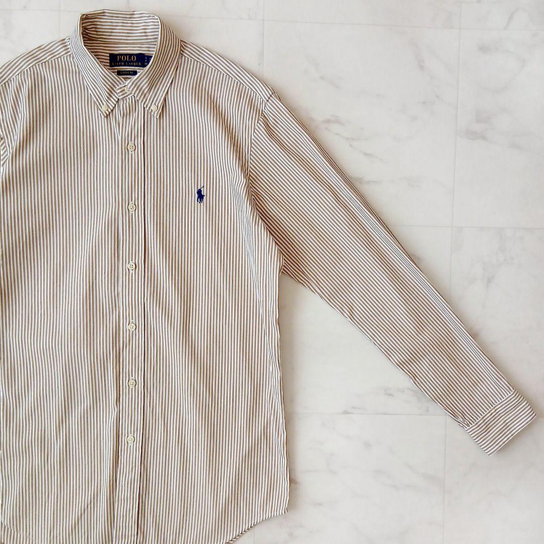 美品 ポロラルフローレン 現行 コットン ベージュストライプ ボタンダウンシャツ