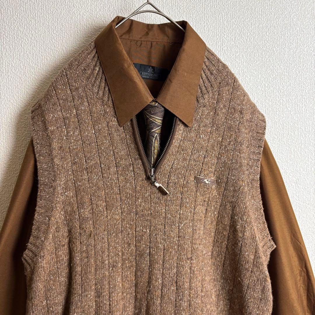 ネクタイシャツニットベスト　シルク　ペイズリー　ワッペン　襟切替　太アーム　古着