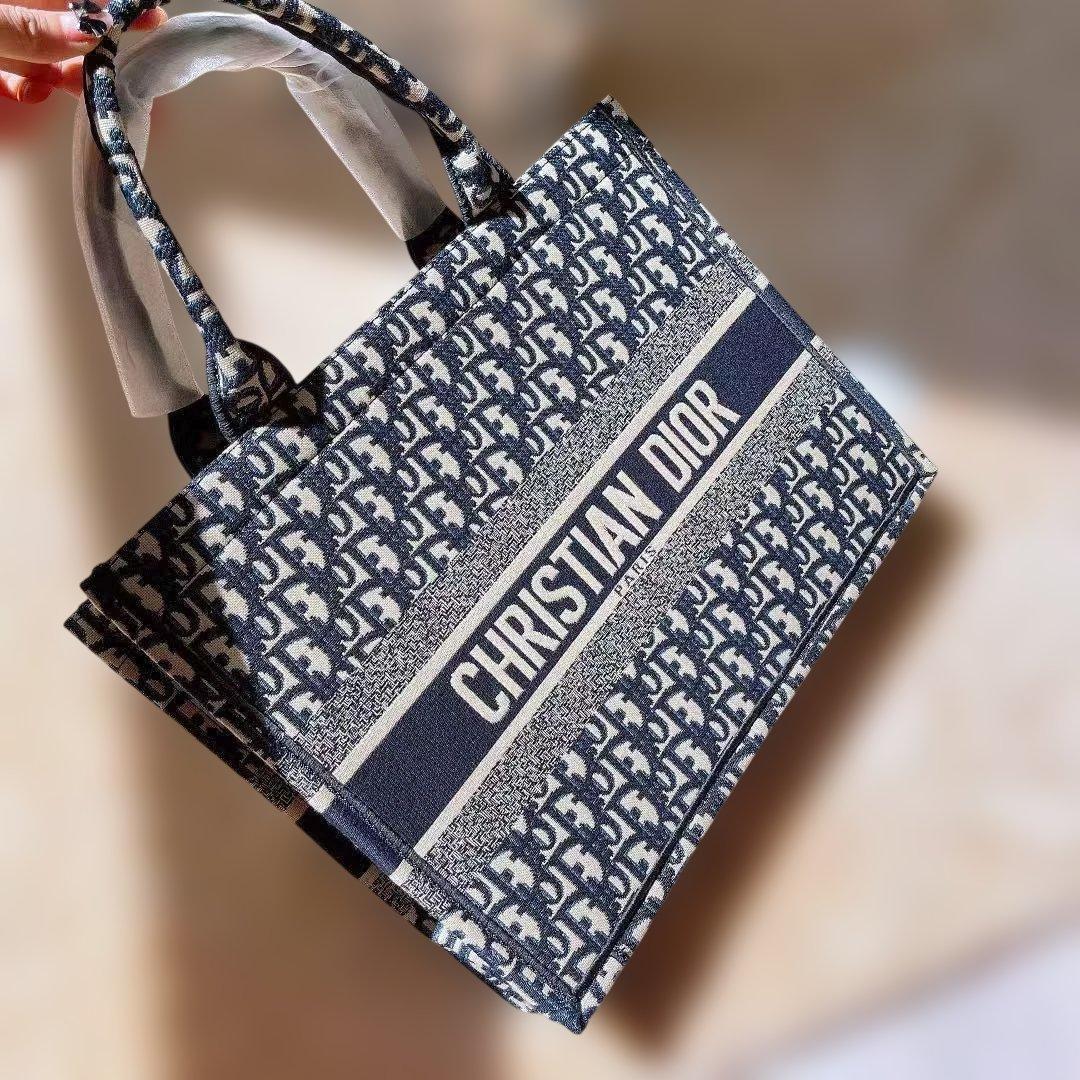 Book Tote 41cm 刺繡トートバッグ ネイビーとベージュ ストライプ