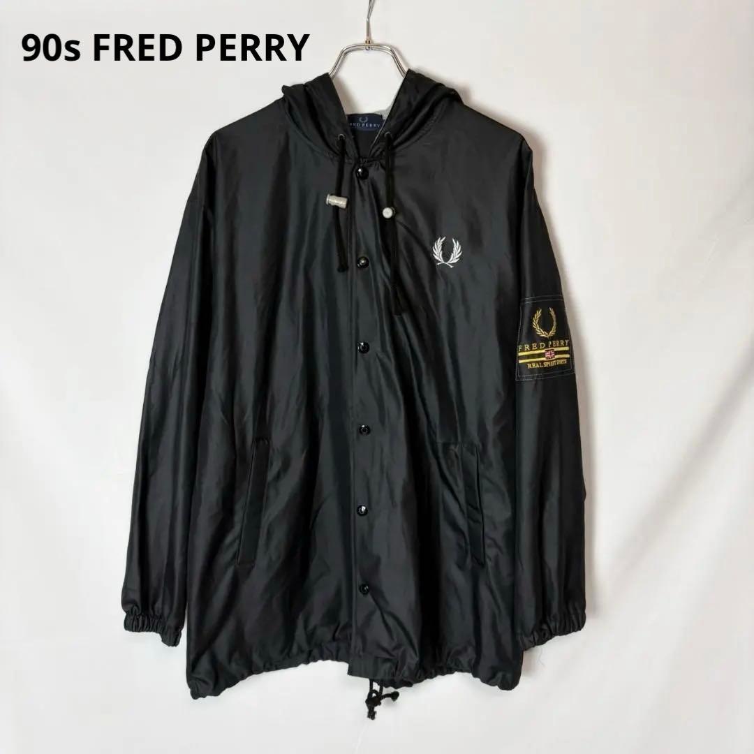 90s FRED PERRY フード付き コーチジャケット ナイロン 黒系 L