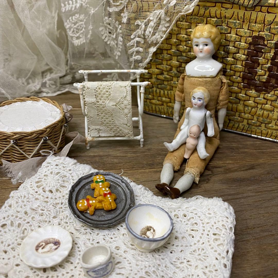 ドイツアンティーク チャイナヘッドドール 15cm ブロンド ビスクドールセット