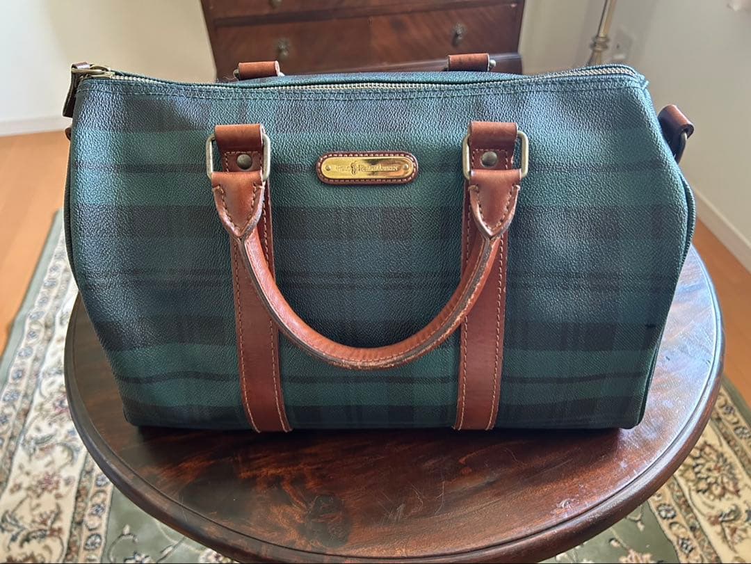 ポロ ラルフローレン ボストンバッグ チェック柄 レザー ダークグリーン