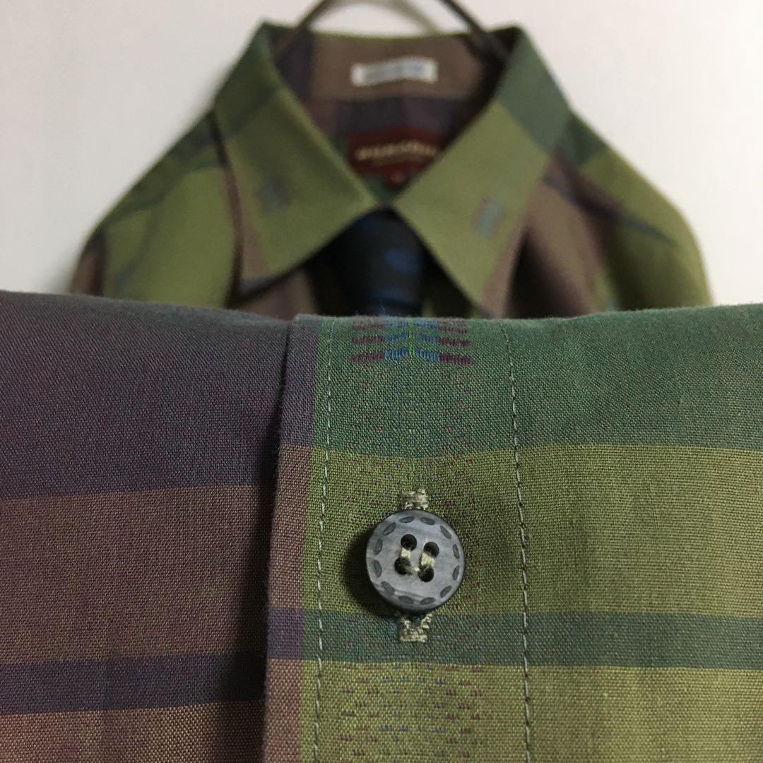 ネクタイシャツ 古着 ペイズリー柄シルクネクタイ チェックジャガードシャツ緑 紫