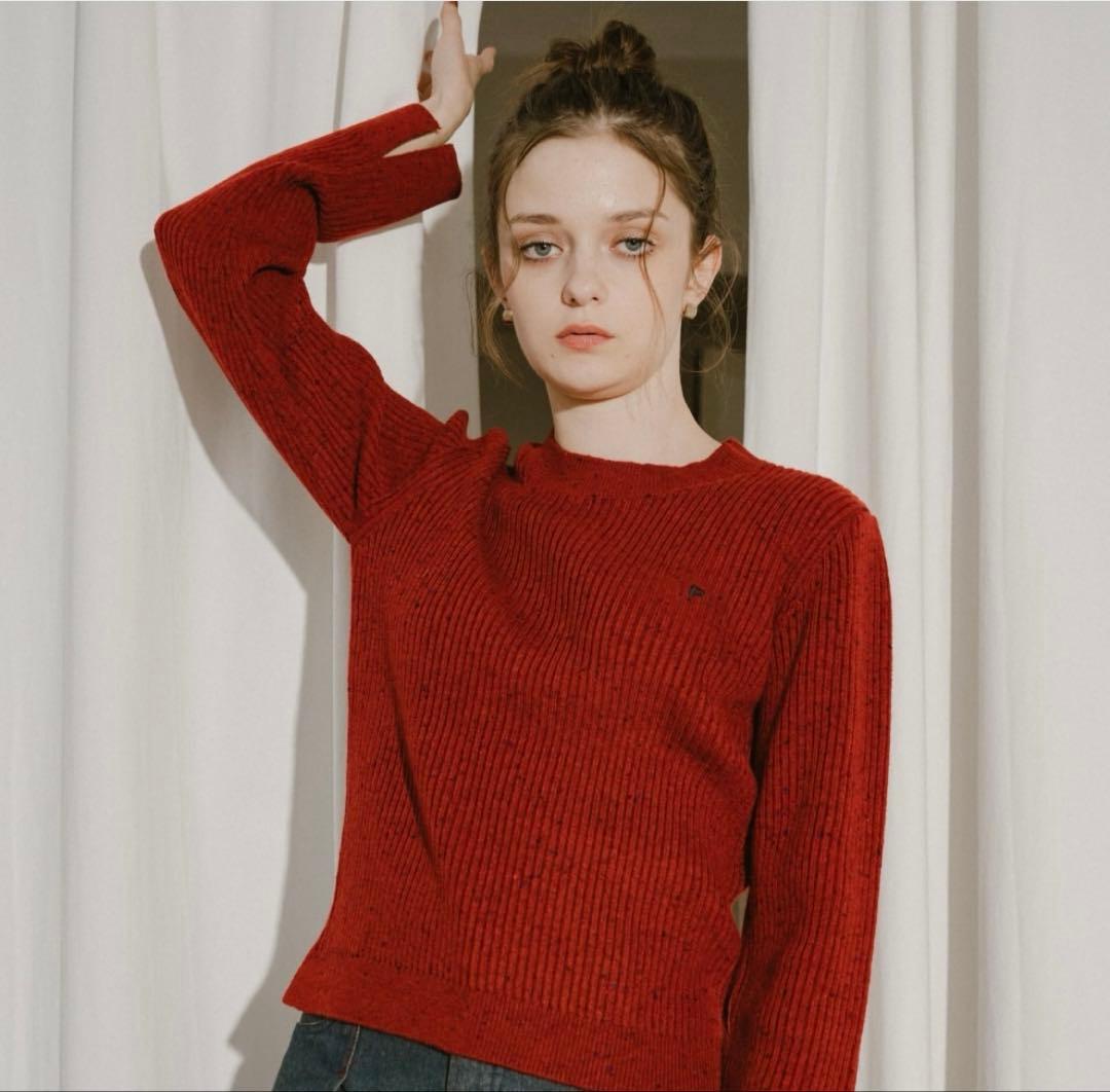 PINUE カラーネップリブニットトップス　RED