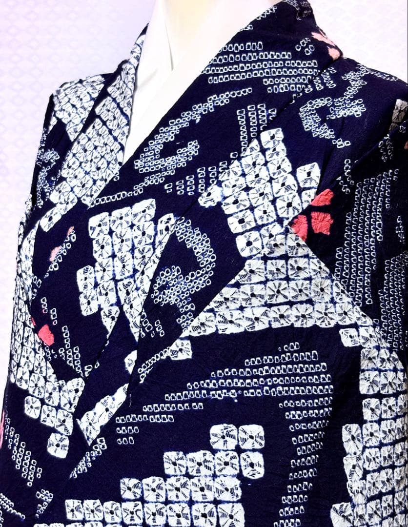 専用未使用品　和服　綿100% いろは歌模様　有松絞り　浴衣(袖仕付け糸)