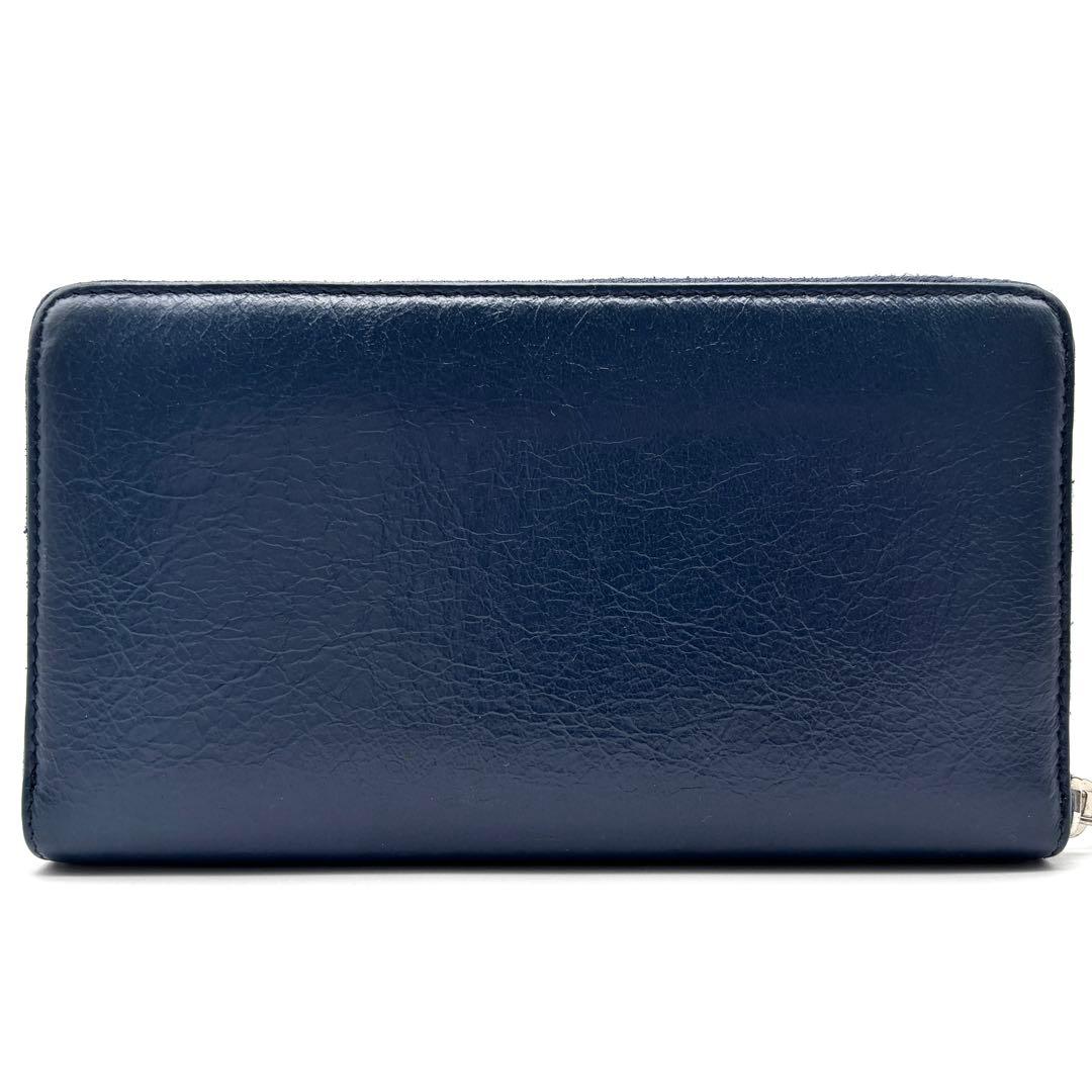 美品 バレンシアガ 長財布 ラウンドファスナー シワ加工 レザー ネイビー