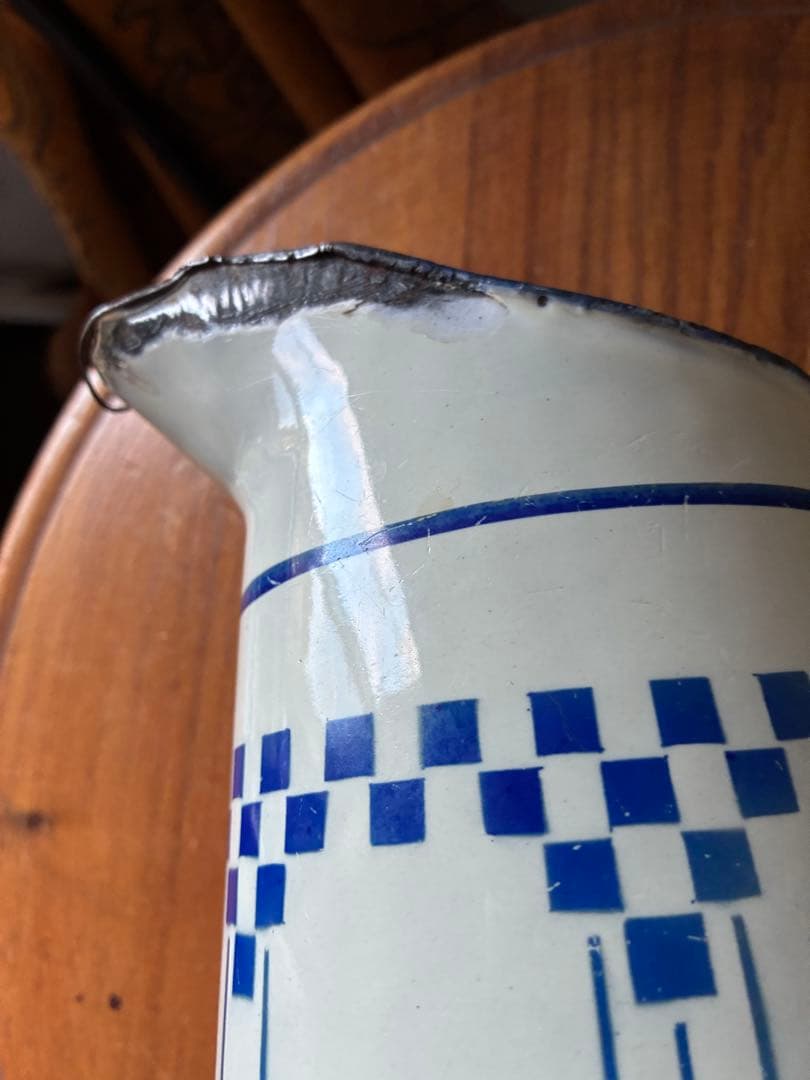 フランス　アンティーク　ホーロー　ジャグ　ピッチャー　水差し　市松　ダミエ