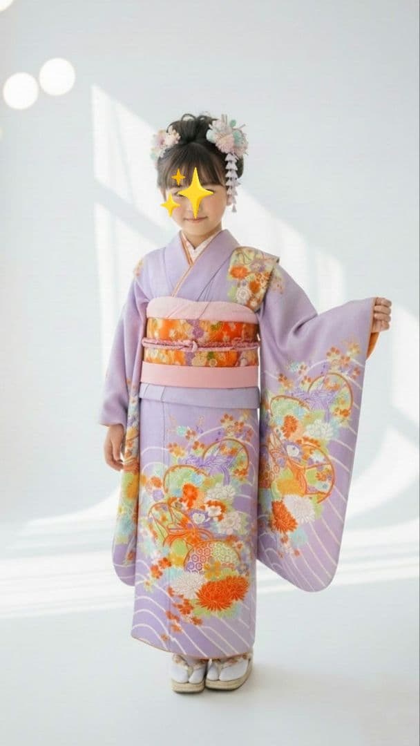 7歳　レトロ薄紫鼓　七五三　お着物・帯セット