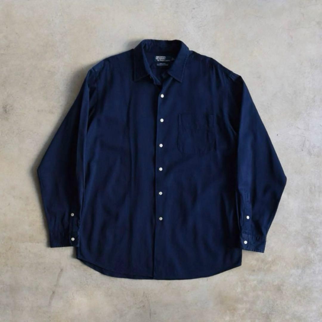 90s ラルフローレン MARLOWE 完全無地 長袖シャツシルク混 ネイビーL