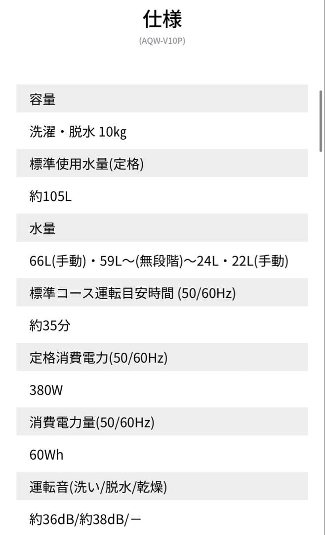 AQUA 縦型洗濯機 AQW-V10P(W) 【2024年】　10kg