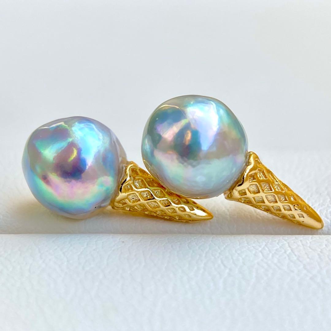 本真珠あこや真珠　青虹色9.5×9㍉s925アイスピアスBL926