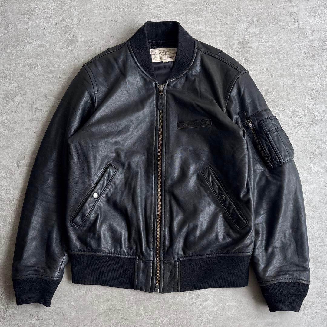 極美品■AVIREX【L】ラムレザー ボンバージャケット アーチロゴ ブラック