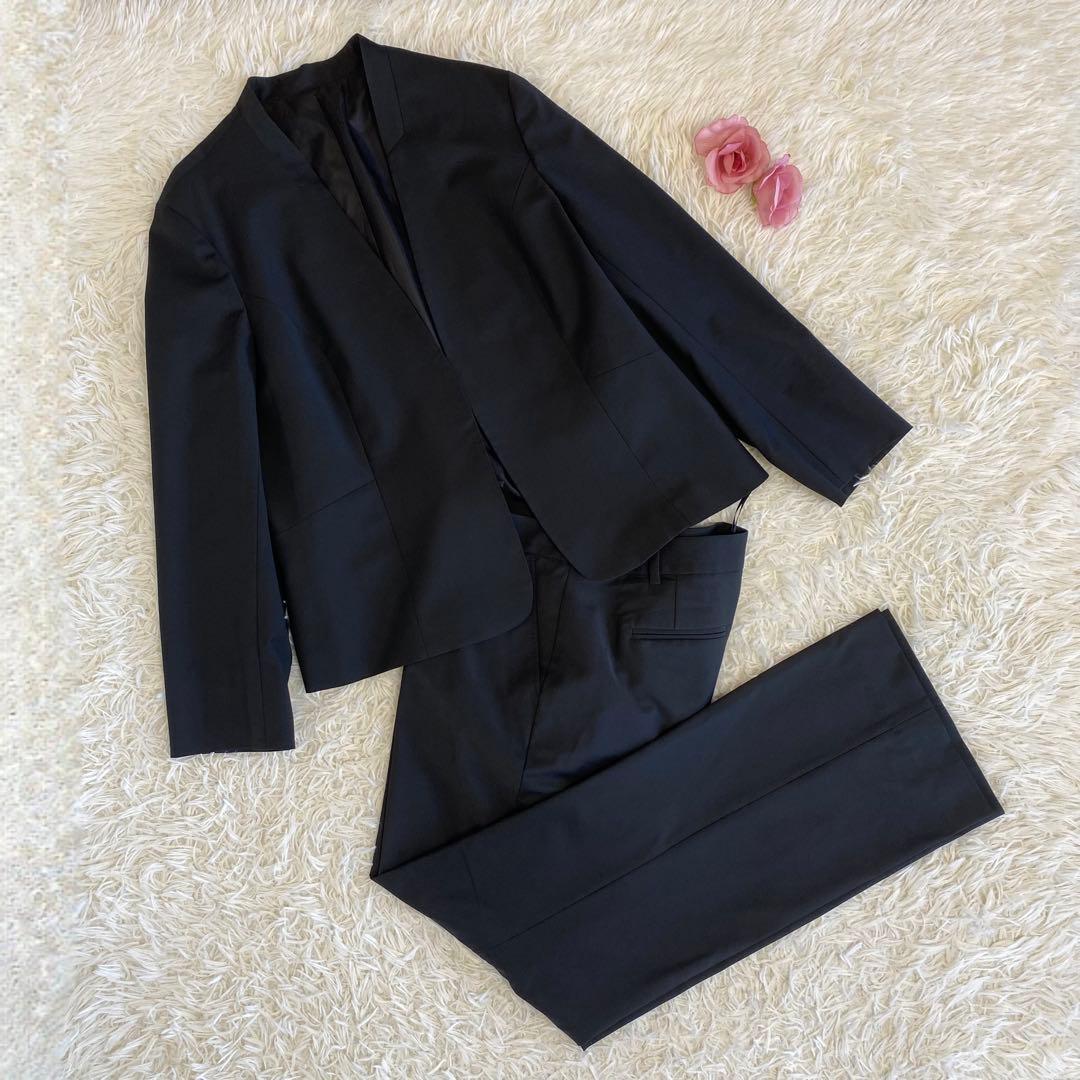 【大きいサイズ】ジェイプレス　ノーカラーパンツスーツセットアップ　黒　17号