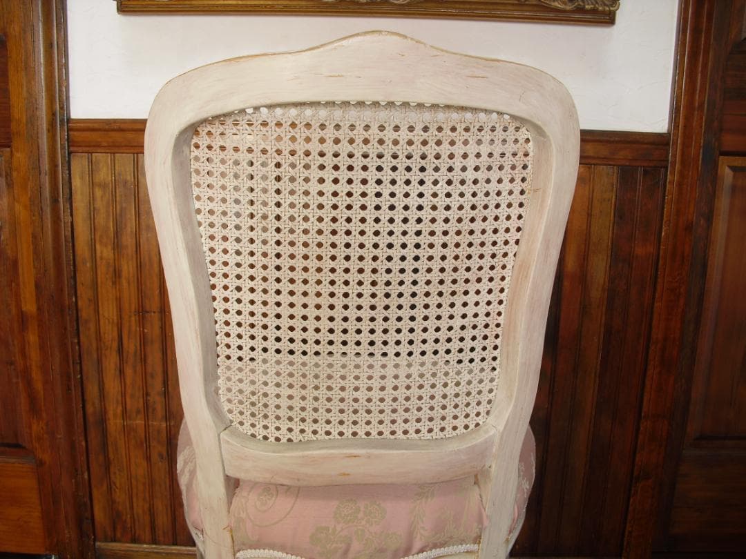 イタリア製 木製チェア☆背もたれメッシュ 木彫 草花ピンクファブリック張替済