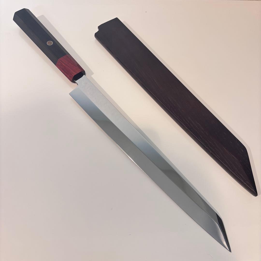 270mm 切付柳刃包丁 鏡面 黒檀紫檀八角柄 刺身包丁 全鋼「鞘」