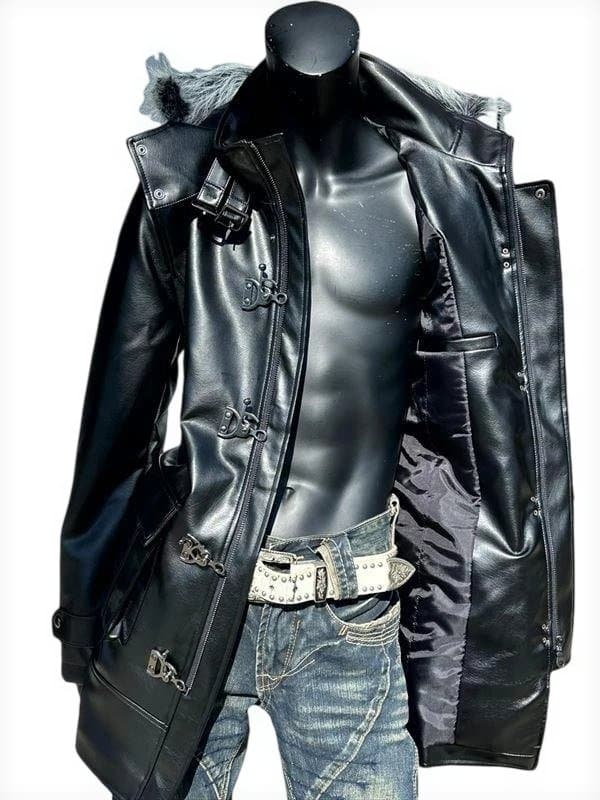 PUレザー セミロング ファーコート★ブラック★L