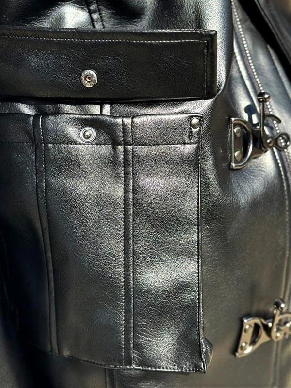 PUレザー セミロング ファーコート★ブラック★L