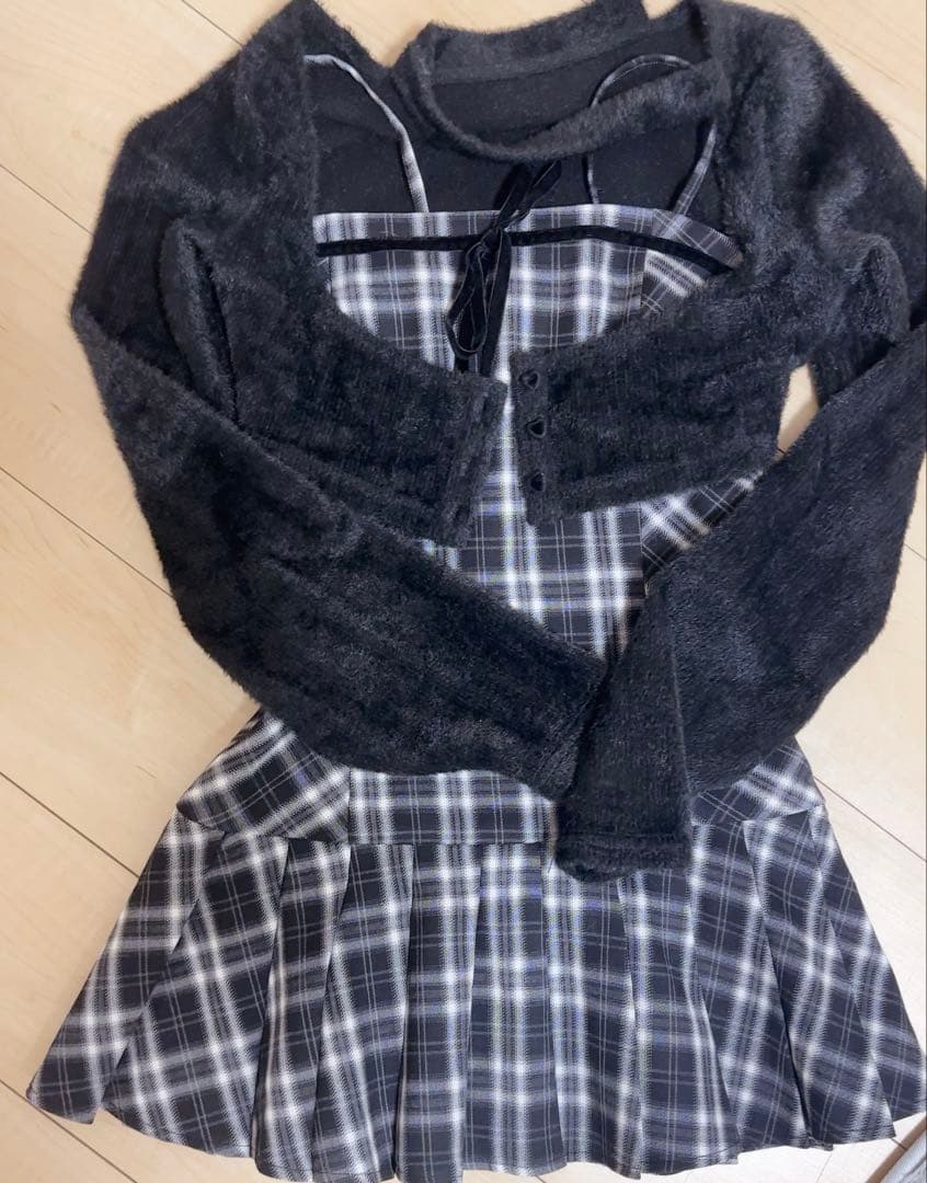 BunnyLisファーボレロ×チェックミニワンピ ブラック