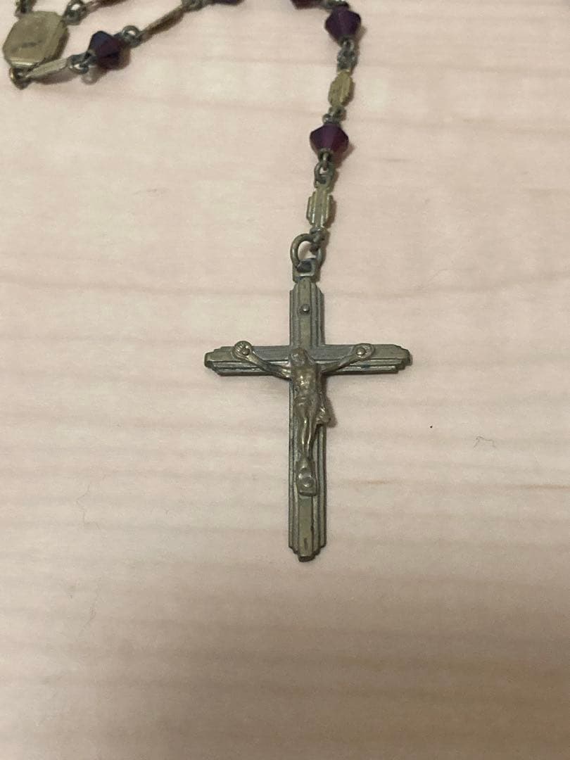 テ*ア様 【アンティーク】金属製 十字架 イエス像 ロザリオ付き