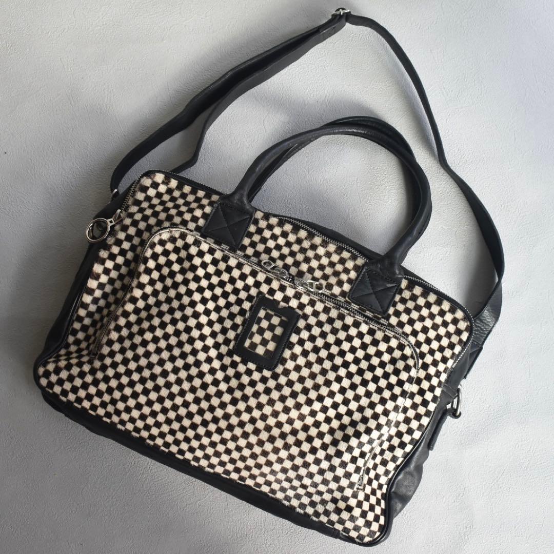 極美品フロリアンドゥニクール　腹子チェッカーフラッグ レザーブリーフ A4大容量