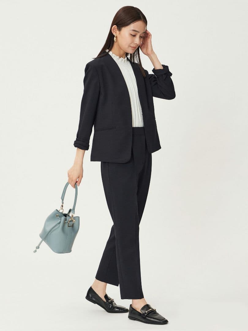 PLST プレミアムオックスカラーレスジャケット&テーパードパンツ黒セットアップ