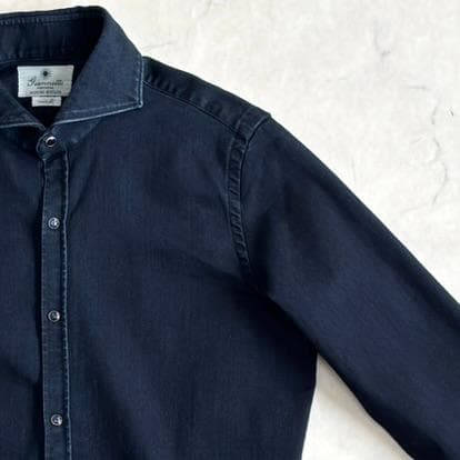 美品 ジャンネット デニムシャツ 長袖 カッタウェイ 太陽アイコン 濃紺 tu6