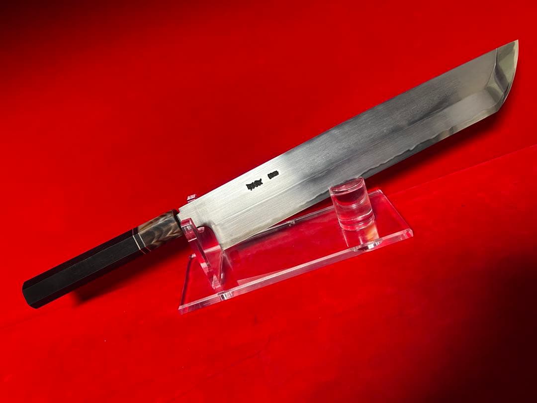 01566 包丁　保勝　ハモ切　片刃　津軽打刃物　墨流し　地肌綺麗　箱付　未使用