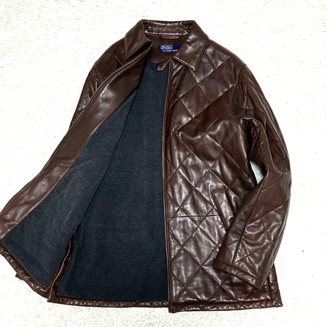 極美品 ポロラルフローレン ラムレザージャケット キルティング ジップ M 茶