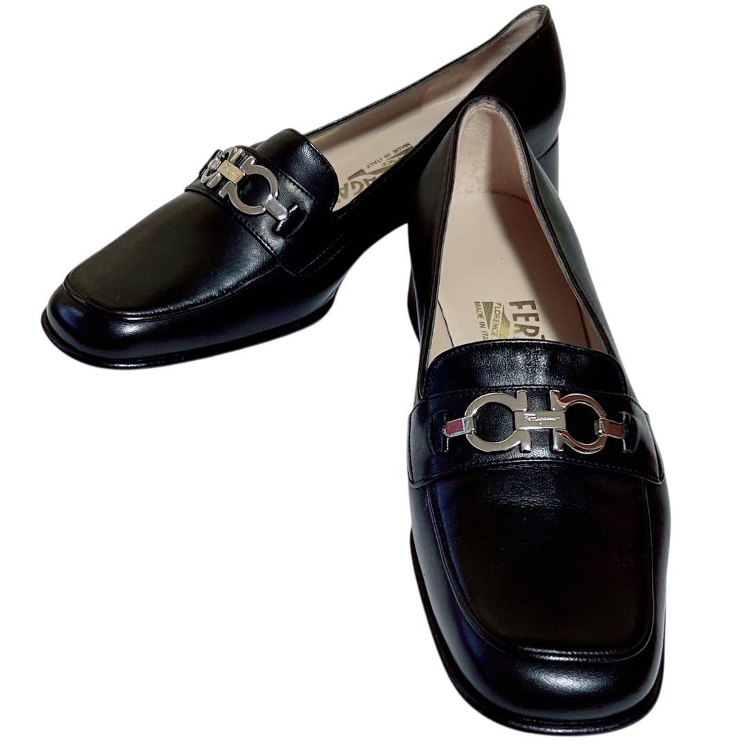 フェラガモ ガンチーニ ローファー 6.5D 23.5〜24cm 黒×シルバー